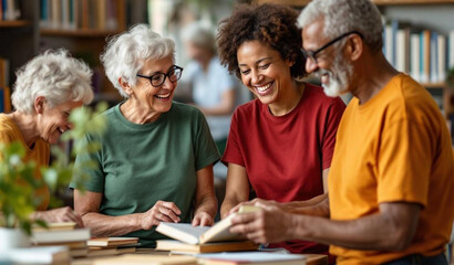 Vier glücklich aussehende Menschen in einem Raum, die Bücher anschauen und miteinander prechene Frau steht, eine andere Frau und zwei Männer sitzen dafür im Kreis an einem Tisch mit Laptops vor sich.Foto: (c) ty / AdobeStock